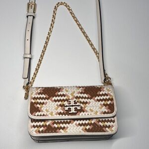 Tory Burch Britten Woven Crossbody Bag in Cream and Brown